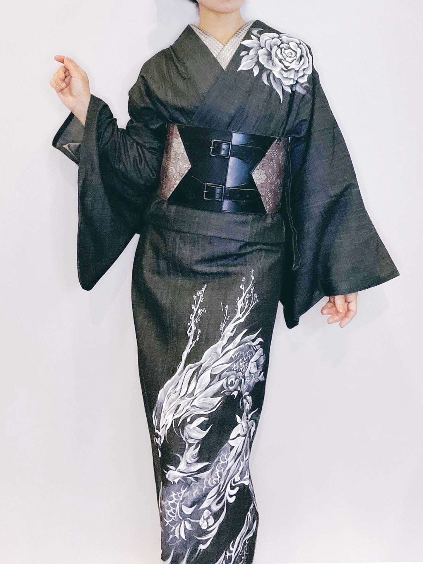 水墨画手描きデニム着物「華龍」