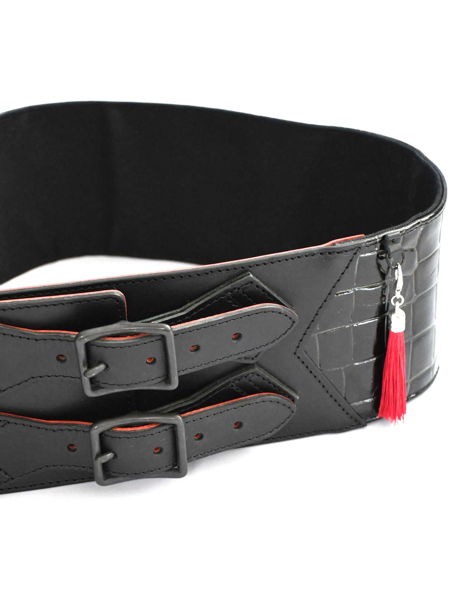 コルセット帯ベルト「クロコ型押しエナメルレザー黒/角帯」着物ベルト