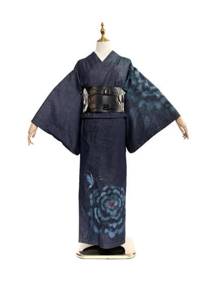 手描き友禅デニム着物「蝶MEGA牡丹」