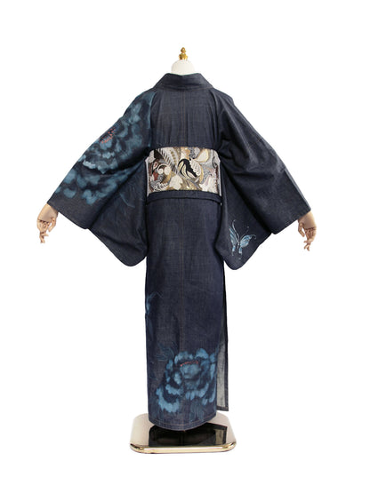 手描き友禅デニム着物「蝶MEGA牡丹」