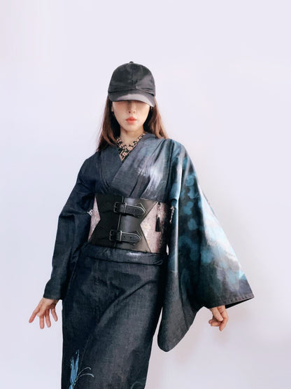 手描き友禅デニム着物「蝶MEGA牡丹」