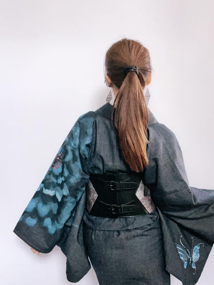 手描き友禅デニム着物「蝶MEGA牡丹」