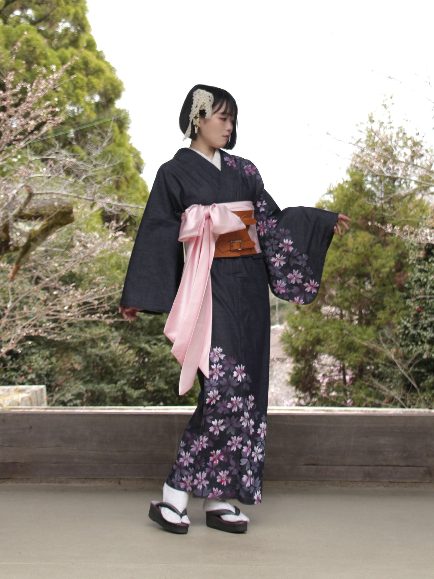 手描き友禅デニム着物「桜尽くし/ピンク」