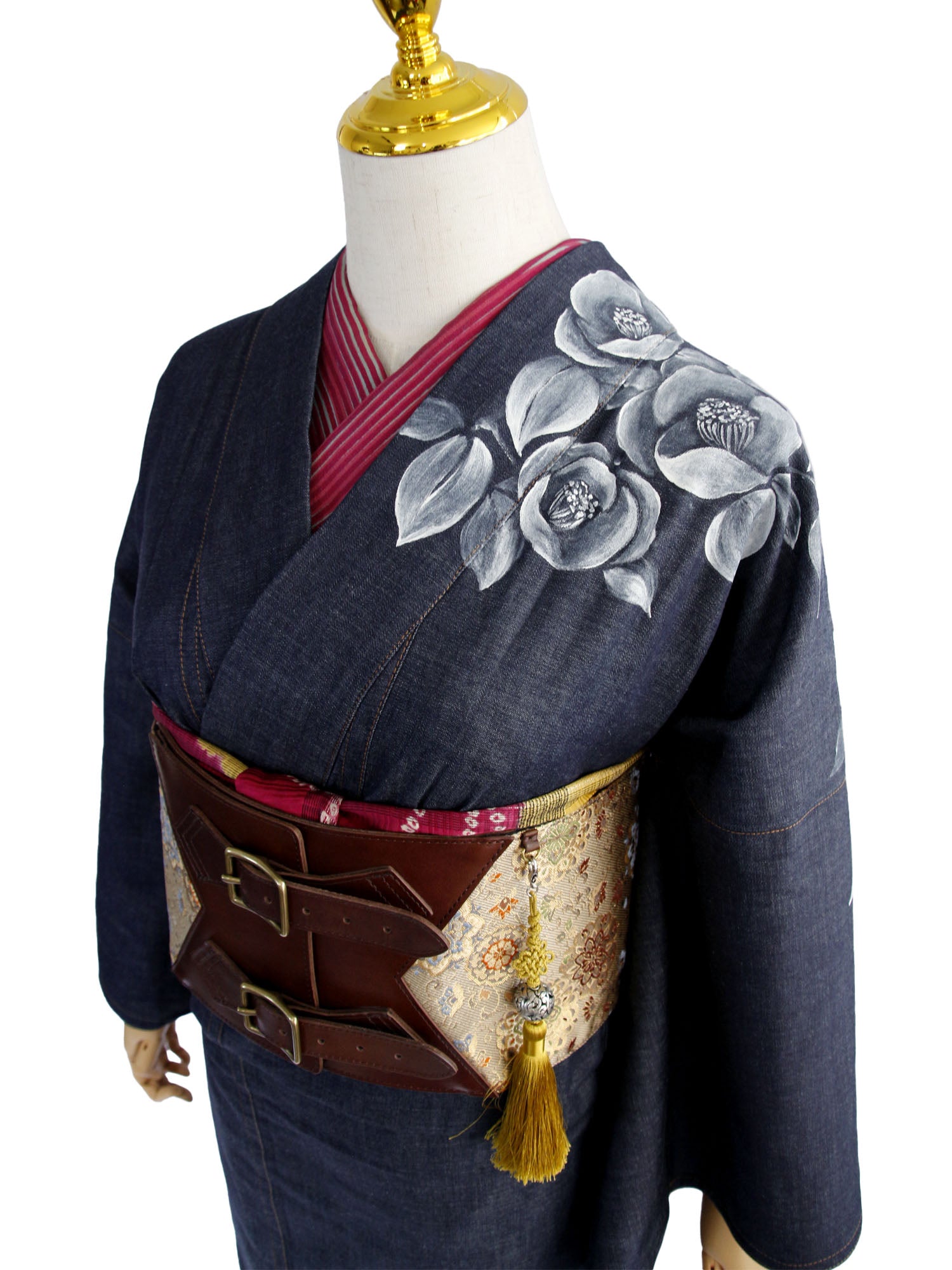 水墨画手描きデニム着物「椿」 カジュアル着物 和モダン 和風 花