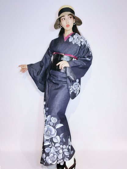 水墨画手描きデニム着物「椿」